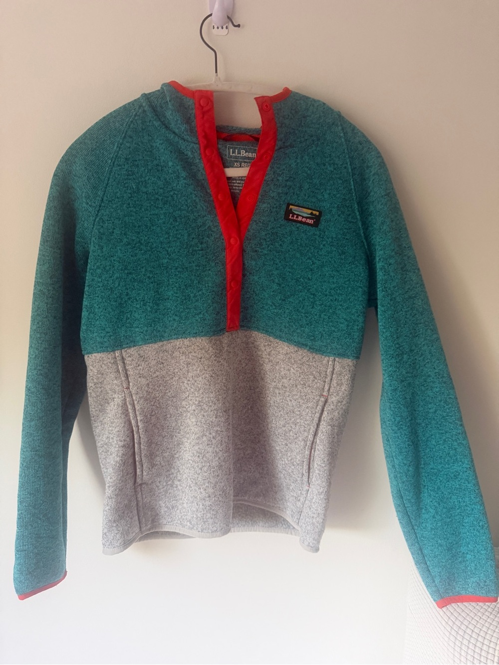 L.L. Bean Teal and Gray Snap Pullover with Red Trim